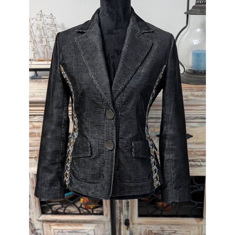 Lapis Y2K Black Textured Metallic Silver Gold Appliqué Trim Blazer Jacket Small